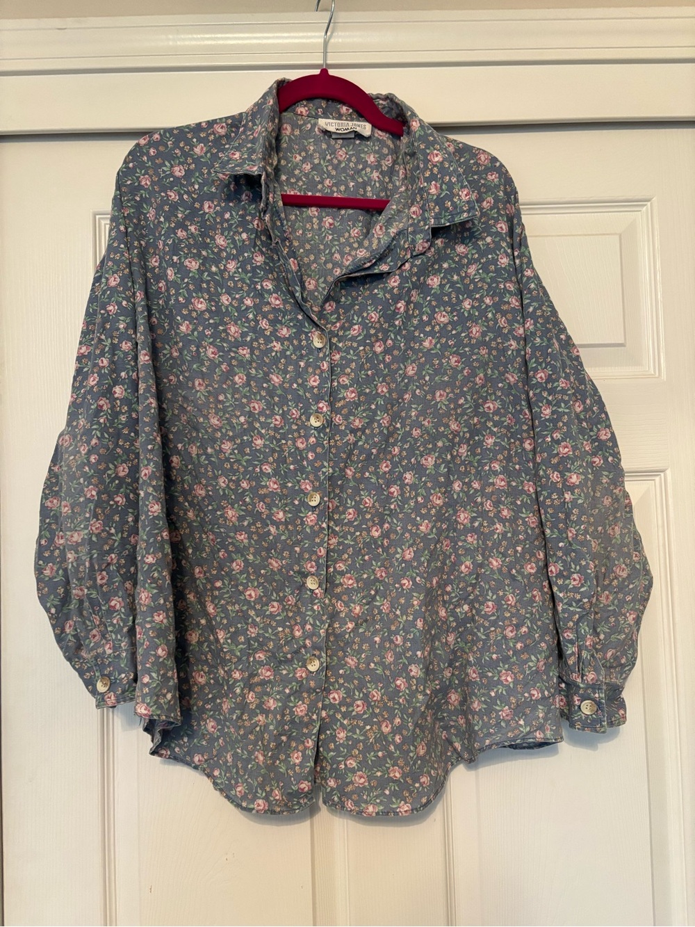 Vintage Dusty Blue Pink Floral Button-Down Blouse